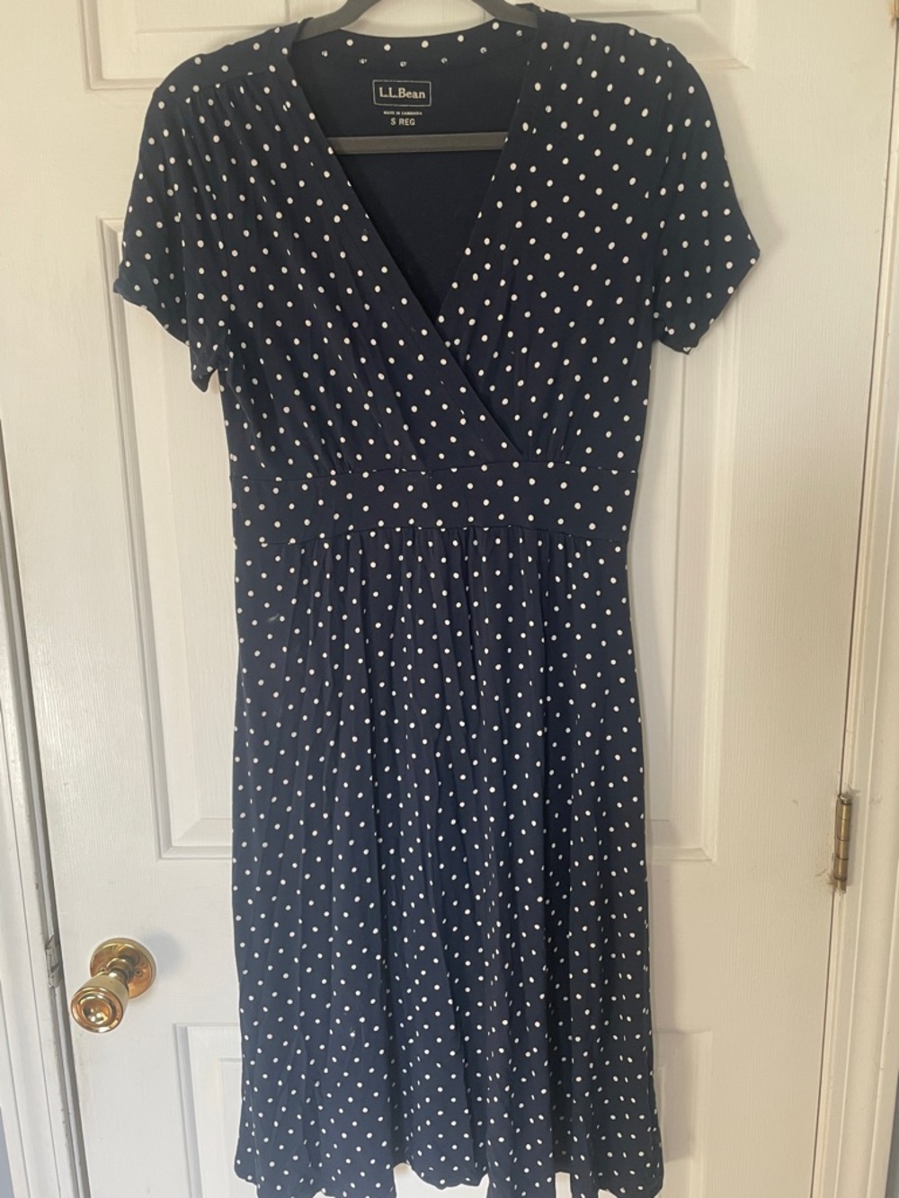 L.L. Bean Navy and White Polka Dot Wrap-Style Midi Dress